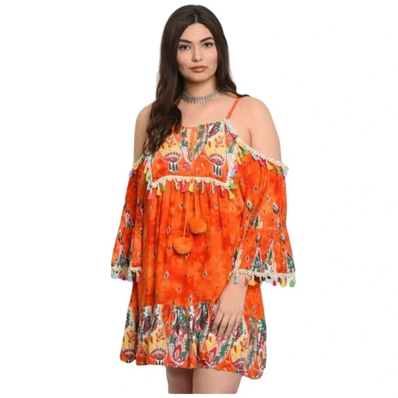 Velzera Dresses & Skirts - Velzera Anthropologie Tunic Dress Womens M Orange Cold Shoulder Bell Sleeve
